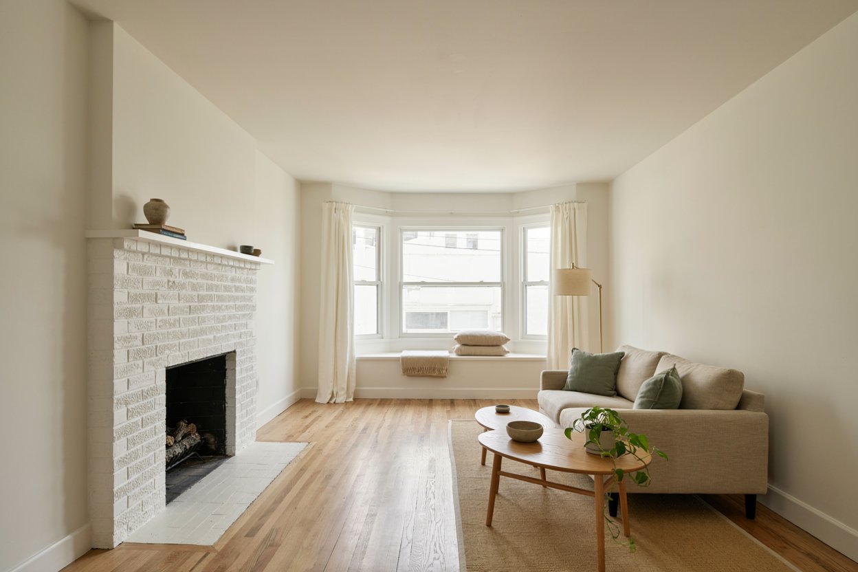 Living room with painted brick fireplace and bay window seat